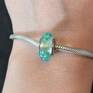 Pandora Blue and Green Flower Murano Glass and Sterling Silver Charm